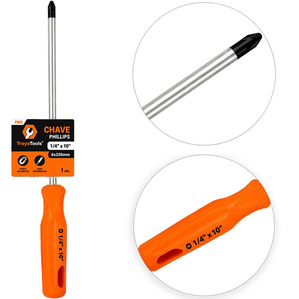 CHAVE PHILIPS DE ACO CARBONO COM PONTA IMANTADA + CABO PLASTICO PRO LARANJA ¼''X10'' 6X250MM UND