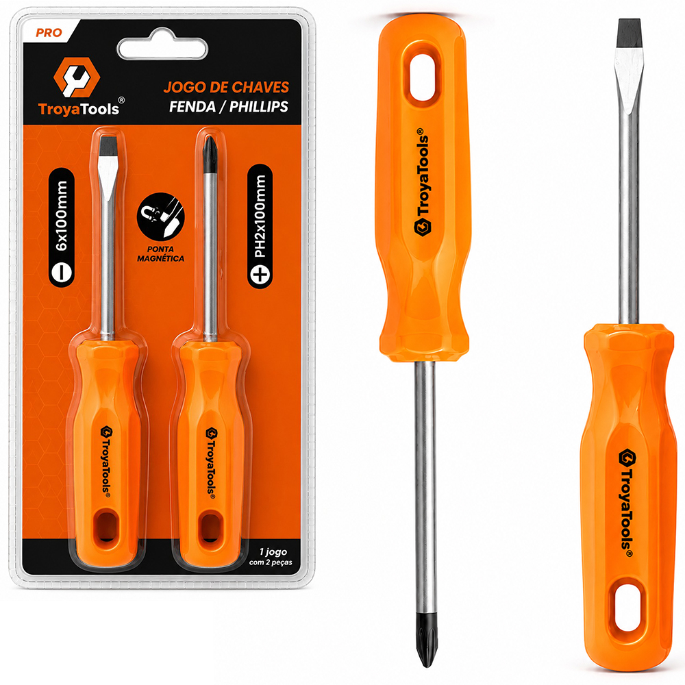 JOGO CHAVE FENDA E PHILIPS ACO CARBONO PONTA IMANTADA + CABO PLASTICO PRO LARANJA 2 PECAS 6X100MM/PH2X100MM