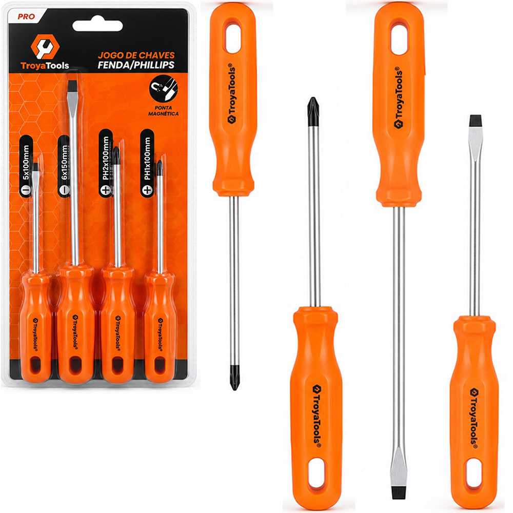 JOGO DE CHAVE DE FENDA E PHILIPS DE ACO CARBONO COM PONTA IMANTADA + CABO PLASTICO PRO LARANJA 4 PECAS