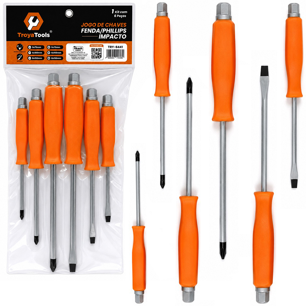 JOGO CHAVE FENDA E PHILIPS IMPACTO ACO CARBONO PONTA IMANTADA + CABO PLAST LARANJA 6 PECAS 5X75/6X100/8X150MM