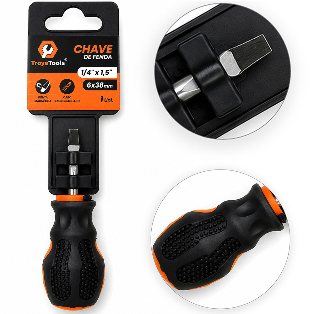 CHAVE TOCO FENDA DE ACO CROMO VANADIO COM PONTA IMANTADA + CABO EMBORRACHADO ¼''X1,5'' 6X38MM UND