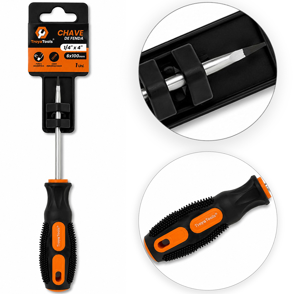 CHAVE DE FENDA DE ACO CROMO VANADIO COM PONTA IMANTADA + CABO EMBORRACHADO ¼''X4'' 6X100MM UND