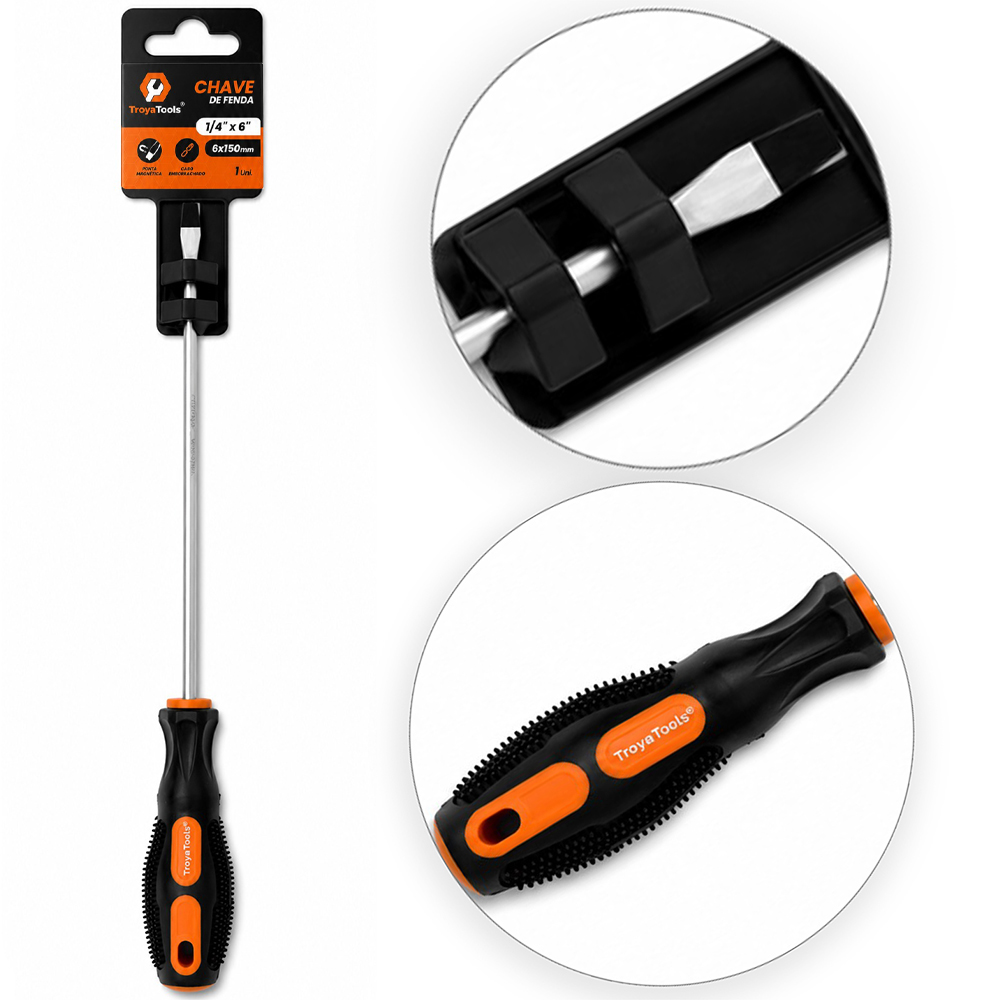 CHAVE DE FENDA DE ACO CROMO VANADIO COM PONTA IMANTADA + CABO EMBORRACHADO ¼''X6'' 6X150MM UND