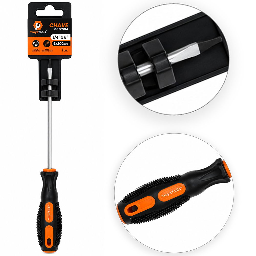 CHAVE DE FENDA DE ACO CROMO VANADIO COM PONTA IMANTADA + CABO EMBORRACHADO ¼''X8''6X200MM UND