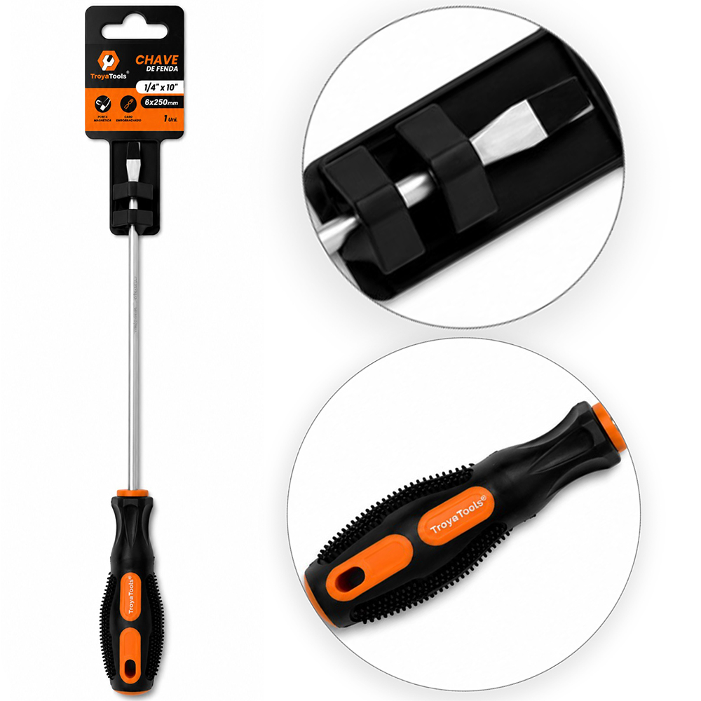 CHAVE DE FENDA DE ACO CROMO VANADIO COM PONTA IMANTADA + CABO EMBORRACHADO ¼''X10''6X250MM UND