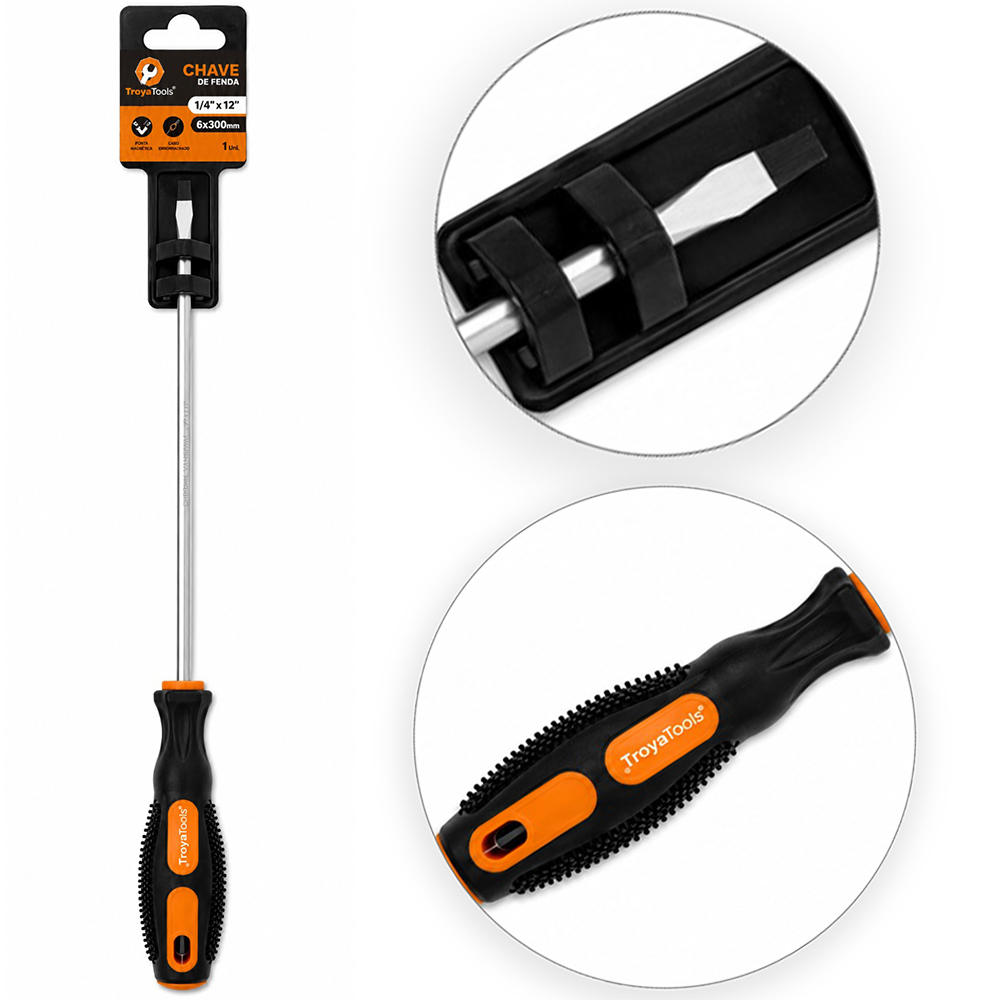 CHAVE DE FENDA DE ACO CROMO VANADIO COM PONTA IMANTADA + CABO EMBORRACHADO ¼''X12'' 6X300MM UND