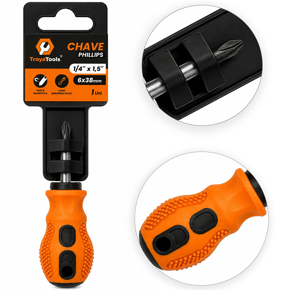 CHAVE TOCO PHILIPS DE ACO CROMO VANADIO COM PONTA IMANTADA + CABO EMBORRACHADO ¼''X1,5'' 6X38MM UND