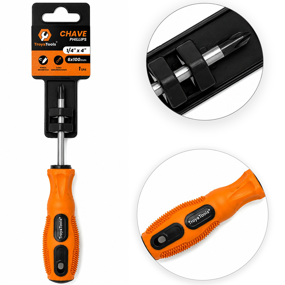 CHAVE PHILIPS DE ACO CROMO VANADIO COM PONTA IMANTADA + CABO EMBORRACHADO ¼''X4'' 6X100MM UND