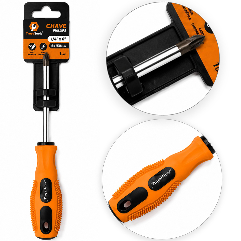 CHAVE PHILIPS DE ACO CROMO VANADIO COM PONTA IMANTADA + CABO EMBORRACHADO ¼''X6'' 6X150MM UND