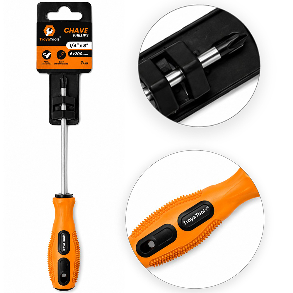 CHAVE PHILIPS DE ACO CROMO VANADIO COM PONTA IMANTADA + CABO EMBORRACHADO ¼''X8'' 6X200MM UND
