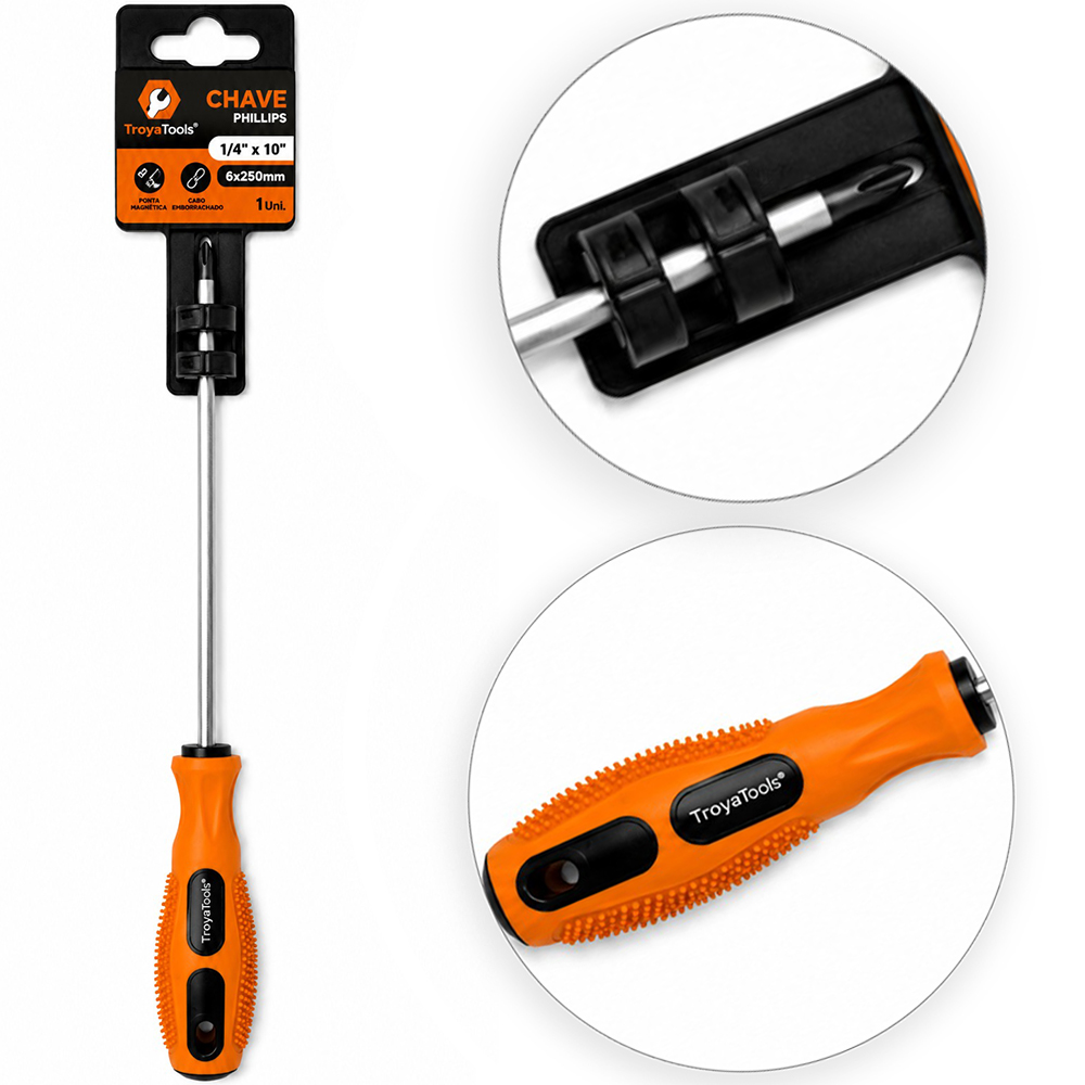 CHAVE PHILIPS DE ACO CROMO VANADIO COM PONTA IMANTADA + CABO EMBORRACHADO ¼''X10''6X250MM UND