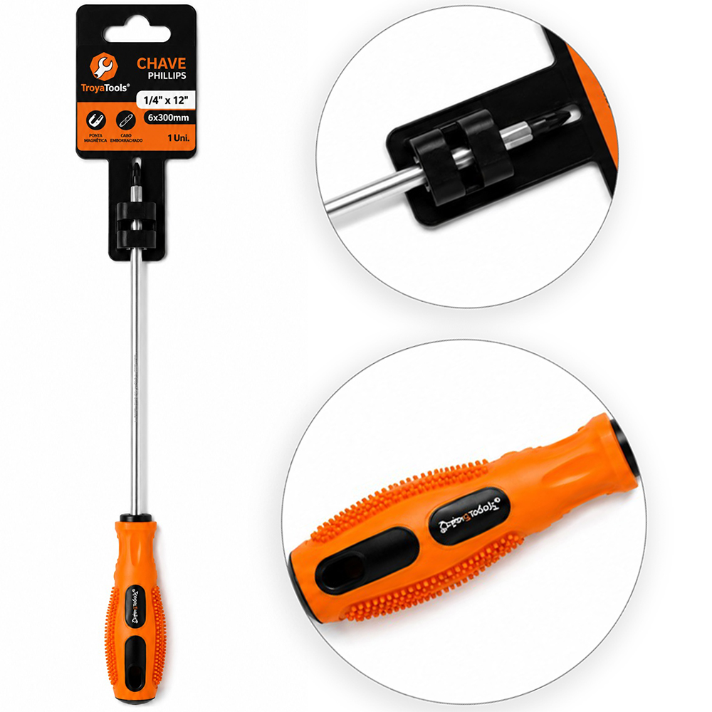 CHAVE PHILIPS DE ACO CROMO VANADIO COM PONTA IMANTADA + CABO EMBORRACHADO ¼''X12'' 6X300MM UND