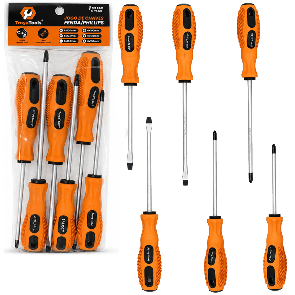 JOGO CHAVE FENDA E PHILIPS ACO CROMO VANADIO PONTA IMANTADA + CABO EMBORRACHADO 6 PECAS 6X100MM/6X125MM/6X150MM