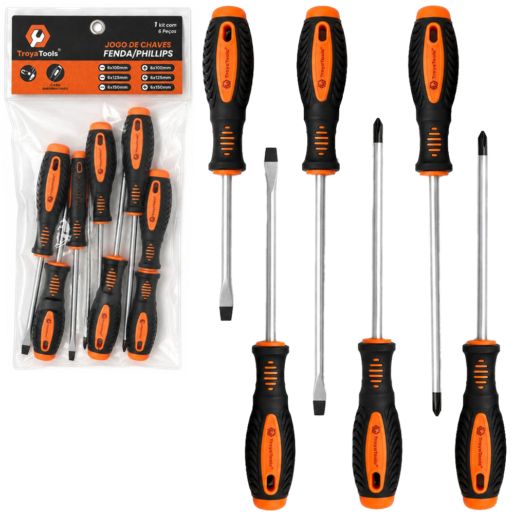 JOGO CHAVE FENDA E PHILIPS ACO CARBONO PONTA IMANTADA + CABO EMBORRACHADO 6 PECAS 6X100MM/6X125MM/6X150MM