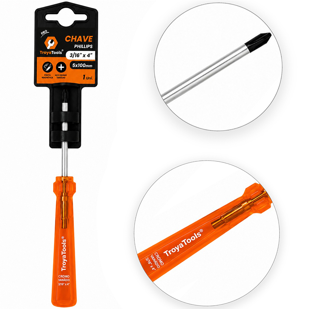 CHAVE PHILIPS ACO CROMO VANADIO CR-V PONTA IMANTADA + CABO TRANSLUCIDO PRO LARANJA 3/16''X3'' 5X75MM UND