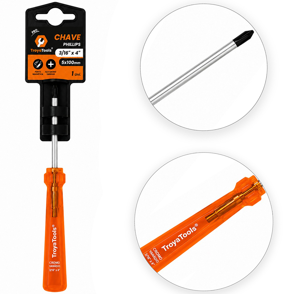 CHAVE PHILIPS ACO CROMO VANADIO CR-V PONTA IMANTADA + CABO TRANSLUCIDO PRO LARANJA 3/16''X4'' 5X100MM UND