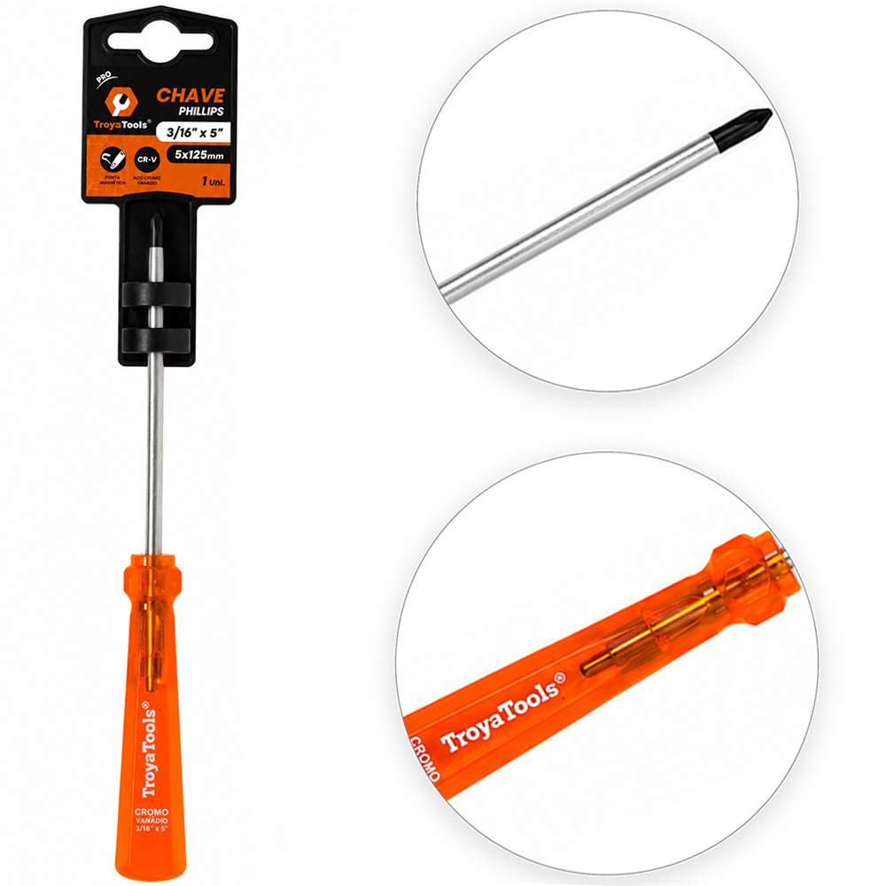 CHAVE PHILIPS ACO CROMO VANADIO CR-V PONTA IMANTADA + CABO TRANSLUCIDO PRO LARANJA 3/16''X5'' 5X125MM UND