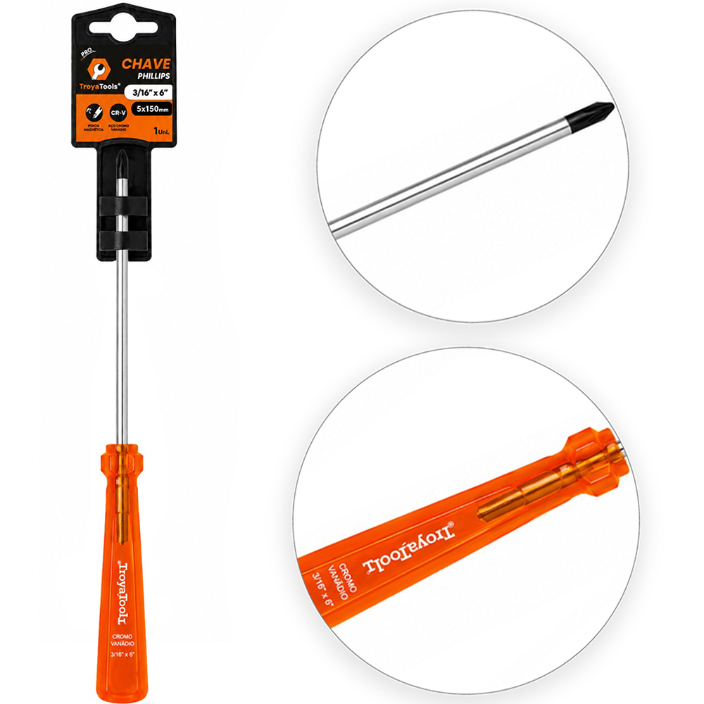 CHAVE PHILIPS ACO CROMO VANADIO CR-V PONTA IMANTADA + CABO TRANSLUCIDO PRO LARANJA 3/16''X6'' 5X150MM UND