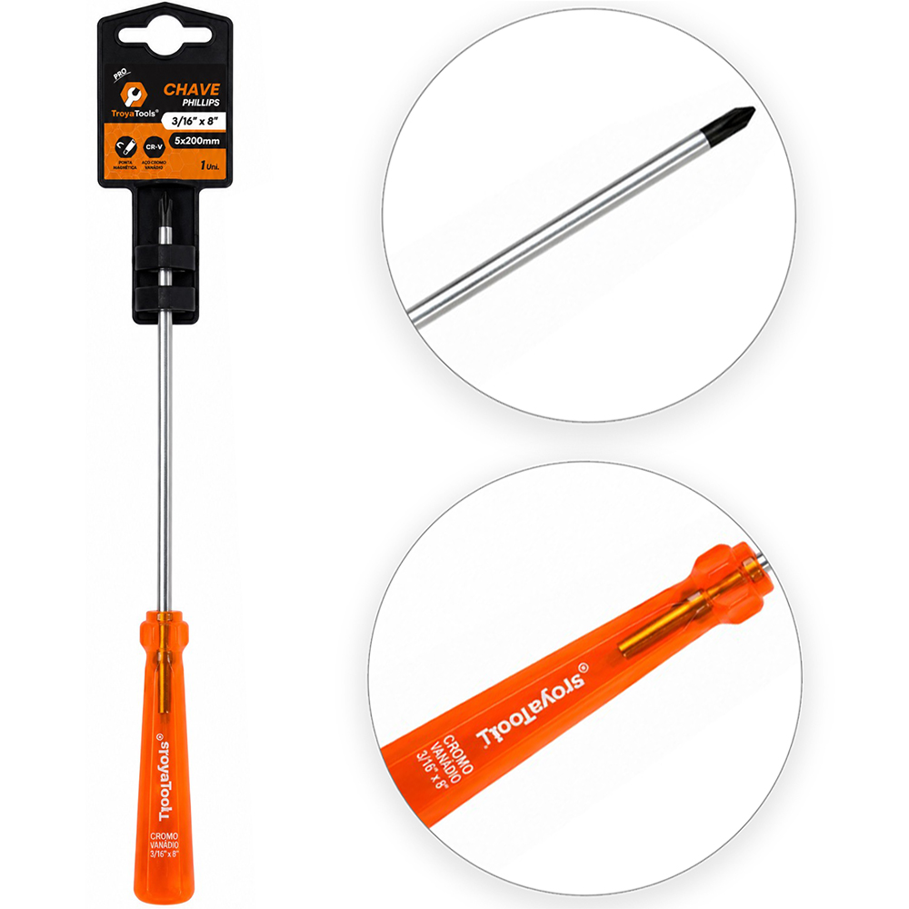 CHAVE PHILIPS ACO CROMO VANADIO CR-V PONTA IMANTADA + CABO TRANSLUCIDO PRO LARANJA 3/16''X8'' 5X200MM UND
