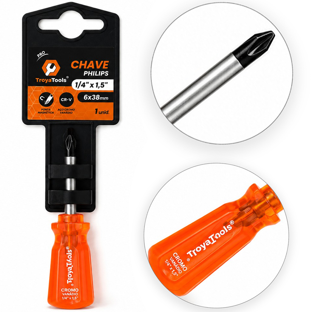 CHAVE TOCO PHILIPS ACO CROMO VANADIO CR-V PONTA IMANTADA + CABO TRANSLUCIDO PRO LARANJA ¼''X1,5'' 6X38MM UND