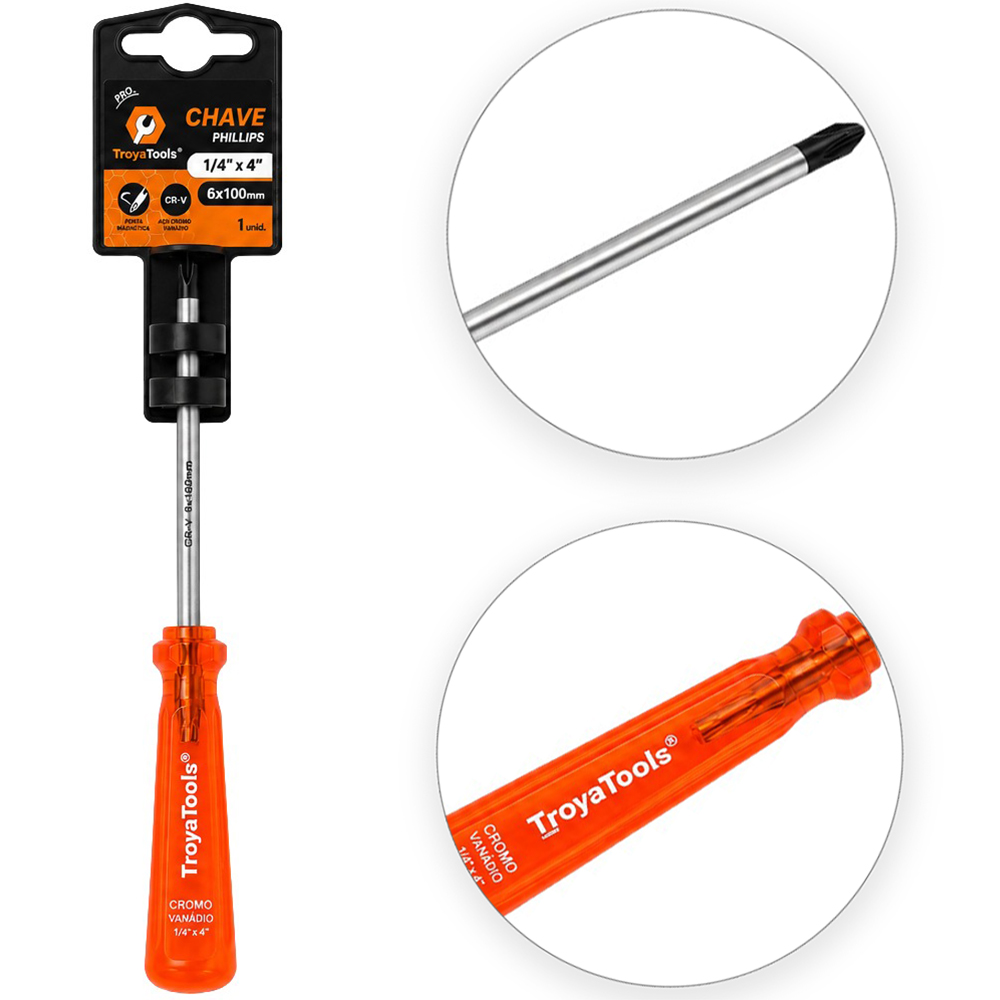 CHAVE PHILIPS ACO CROMO VANADIO CR-V PONTA IMANTADA + CABO TRANSLUCIDO PRO LARANJA ¼''X4'' 6X100MM UND