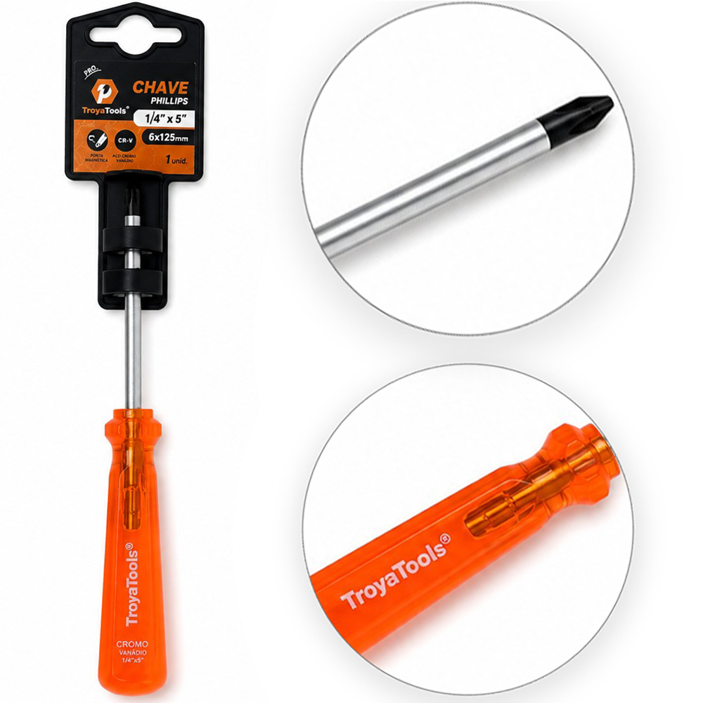 CHAVE PHILIPS ACO CROMO VANADIO CR-V PONTA IMANTADA + CABO TRANSLUCIDO PRO LARANJA ¼''X5'' 6X125MM UND