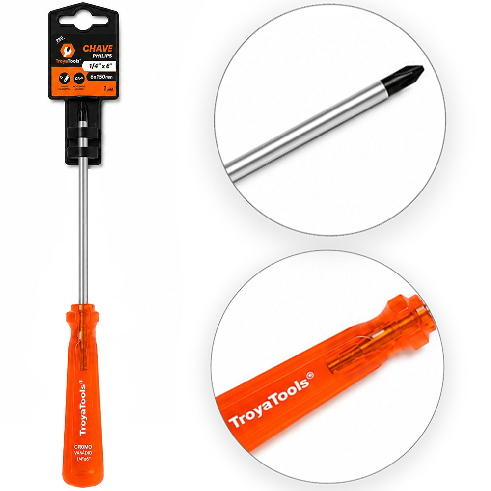 CHAVE PHILIPS ACO CROMO VANADIO CR-V PONTA IMANTADA + CABO TRANSLUCIDO PRO LARANJA ¼''X6'' 6X150MM UND