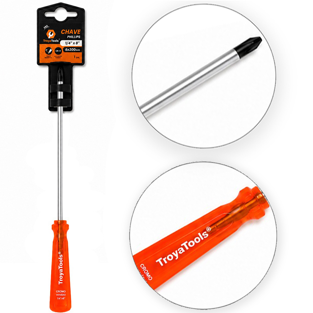CHAVE PHILIPS ACO CROMO VANADIO CR-V PONTA IMANTADA + CABO TRANSLUCIDO PRO LARANJA ¼''X8'' 6X200MM UND