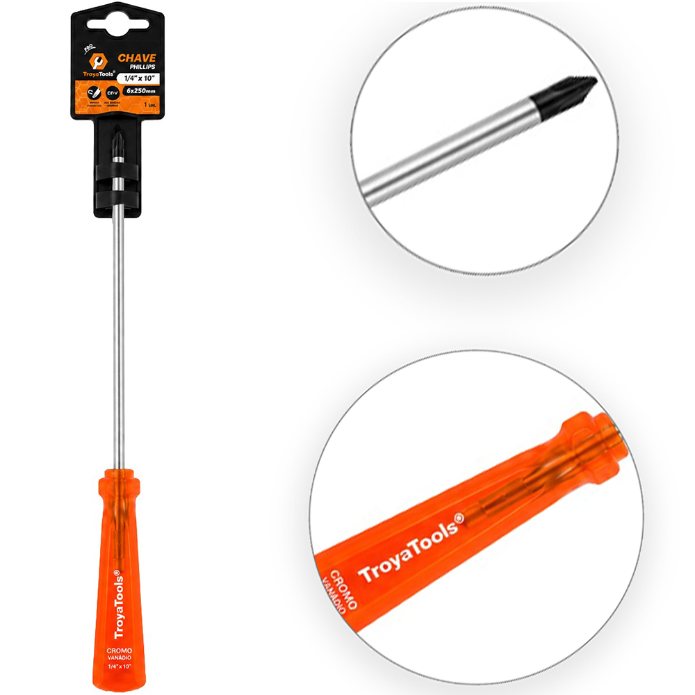 CHAVE PHILIPS ACO CROMO VANADIO CR-V PONTA IMANTADA + CABO TRANSLUCIDO PRO LARANJA ¼''X10'' 6X250MM UND