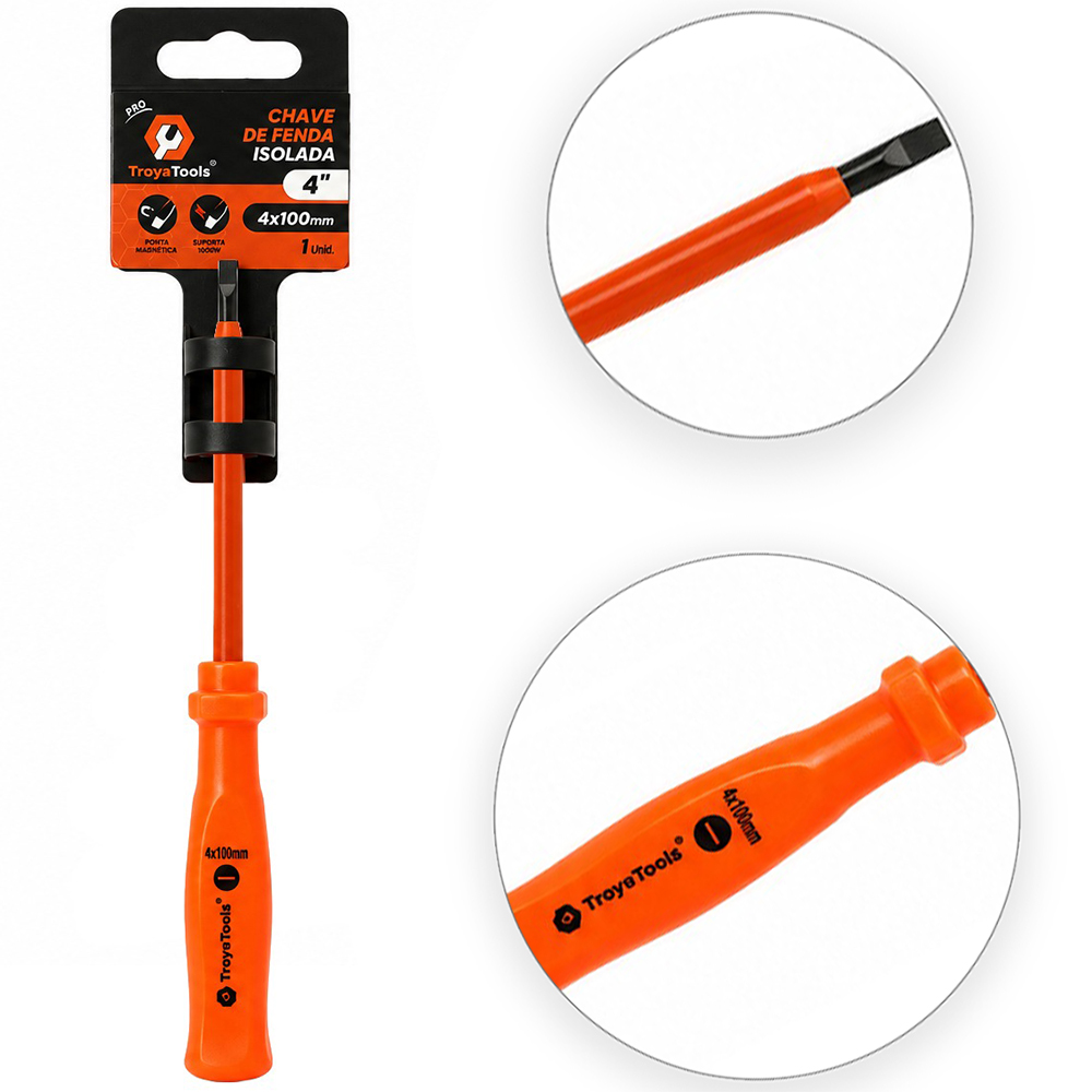CHAVE DE FENDA ACO CARBONO PONTA IMANTADA + CABO PLASTICO PRO ISOLADO SUPORTA 1000W LARANJA 4'' 4X100MM UND