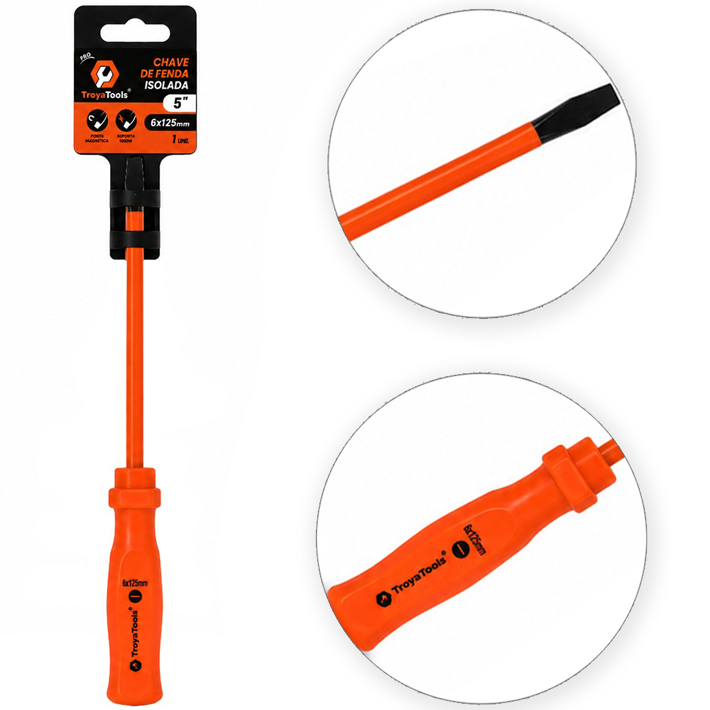 CHAVE DE FENDA ACO CARBONO PONTA IMANTADA + CABO PLASTICO PRO ISOLADO SUPORTA 1000W LARANJA 5'' 6X125MM UND