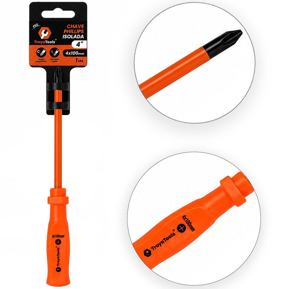 CHAVE PHILIPS ACO CARBONO PONTA IMANTADA + CABO PLASTICO PRO ISOLADO SUPORTA 1000W LARANJA 4'' 4X100MM UND 