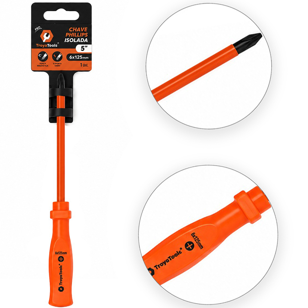 CHAVE PHILIPS ACO CARBONO PONTA IMANTADA + CABO PLASTICO PRO ISOLADO SUPORTA 1000W LARANJA 5'' 6X125MM UND