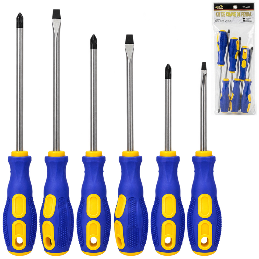 JOGO DE CHAVE DE FENDA E PHILIPS COM PONTA IMANTADA + CABO EMBORRACHADO TOP CASA 6 PECAS