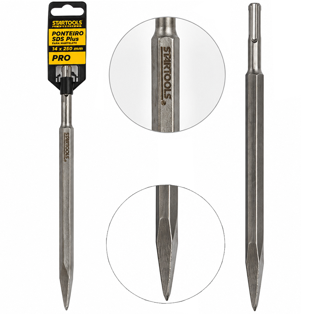 PONTEIRO CINZEL HASTE REDONDO ACO CROMO VANADIO 40CR PARA MARTELETE CONCRETO / TIJOLO SDS PLUS PRO 14X250MM