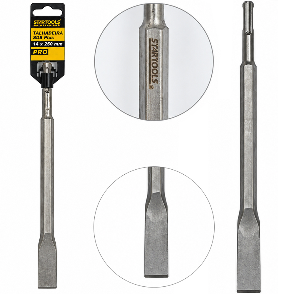 TALHADEIRA CINZEL HASTE REDONDA ACO CROMO VANADIO 40CR MARTELETE CONCRETO / TIJOLO SDS PLUS PRO 14X250X20MM