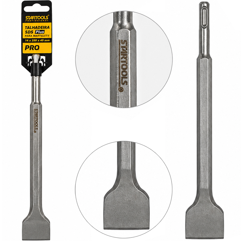 TALHADEIRA CINZEL PLANO HASTE ACO CROMO VANADIO 40CR MARTELETE CONCRETO / TIJOLO SDS PLUS PRO 14X250X40MM