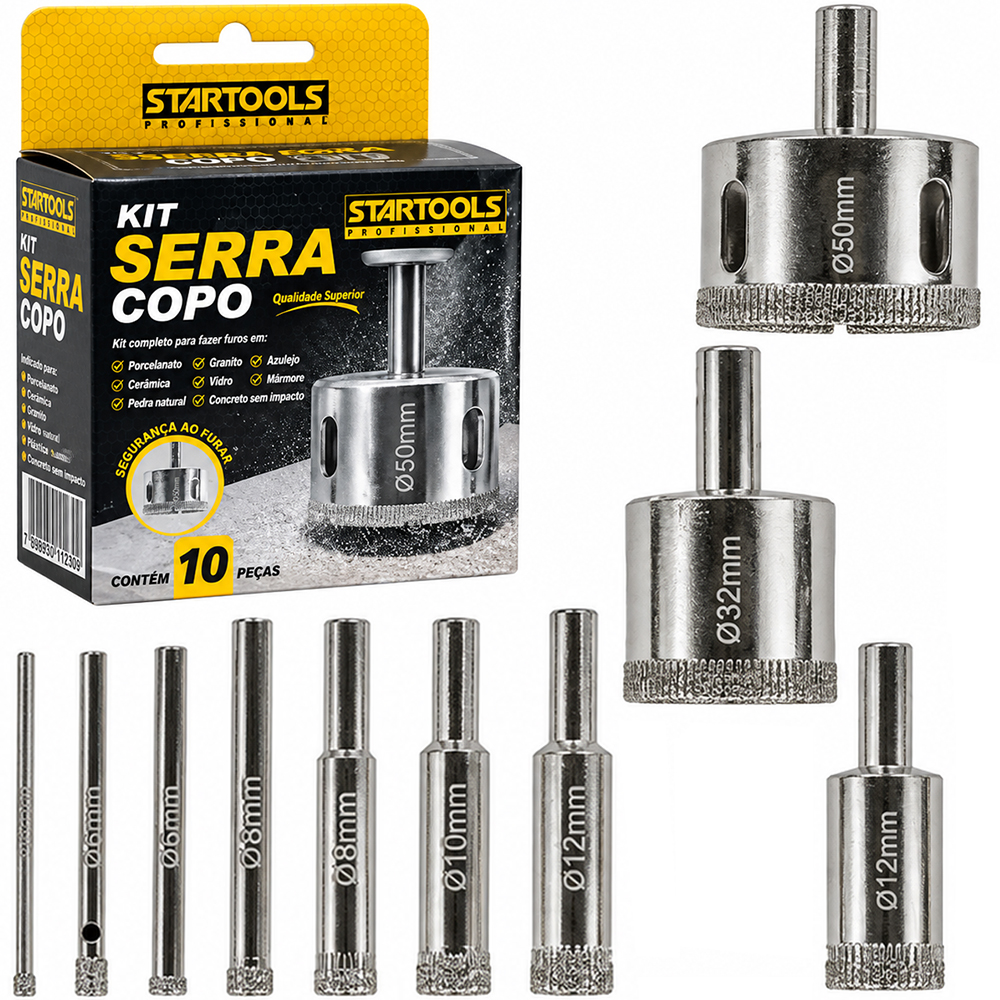 JOGO DE SERRA COPO DIAMANTADO COM 10 SERRAS 3 / 4 / 5 / 6 / 8 / 10 / 12 / 18 / 32 / 50MM