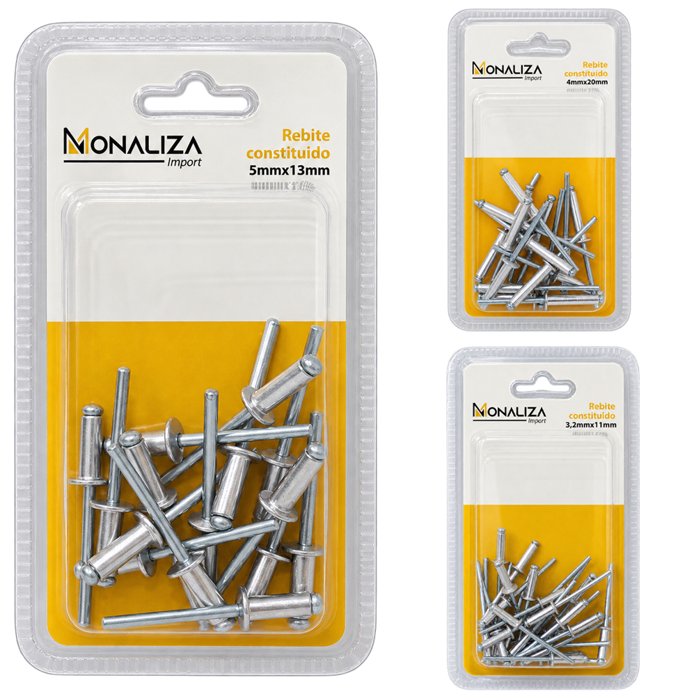 KIT DE REBITES DE ALUMINIO COM 15 / 16 / 28 PECAS 5X13MM/4X20MM/3,2X11MM