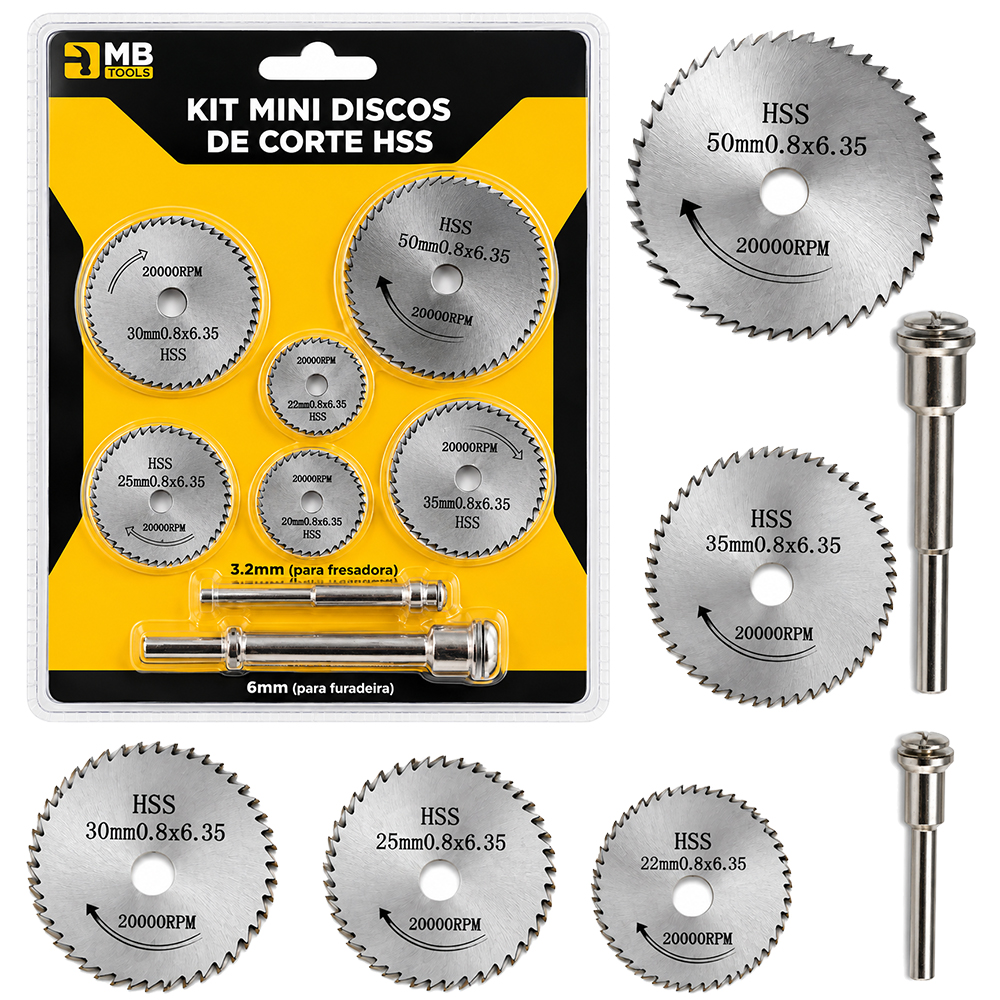 MINI DISCO DE CORTE HSS 6 PECAS + 2 BARRAS (3.2MM PARA FRESADORA ) E (6MM PARA FURADEIRA)  MB TOOLS