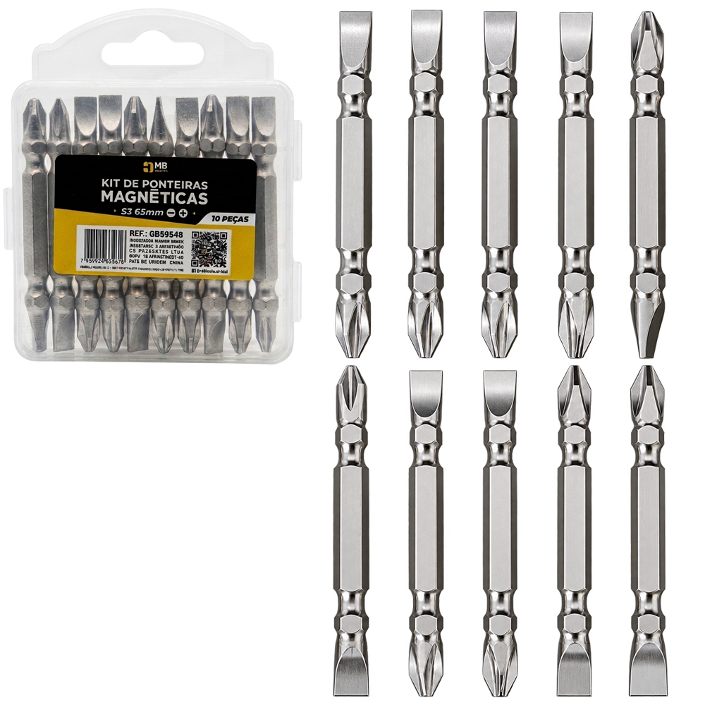 JOGO DE BITS MAGNETICO PARA PARAFUSADEIRA COM 10 PONTAS FENDA E PHILLIPS DUPLA S3 65MM ESTOJO MB TOOLS
