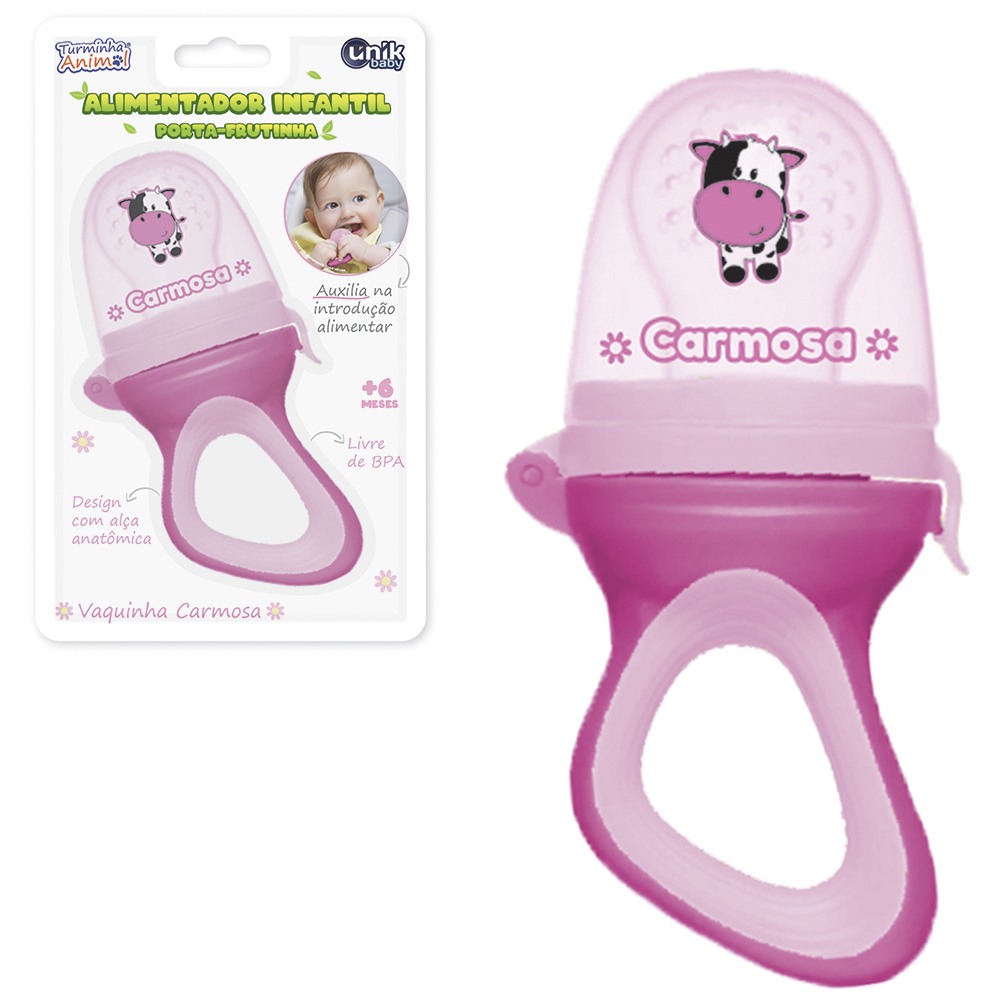 CHUPETA ALIMENTADOR INFANTIL PORTA FRUTA DE SILICONE / PLASTICO VAQUINHA CARMOSA ROSA 11,5X6X4CM