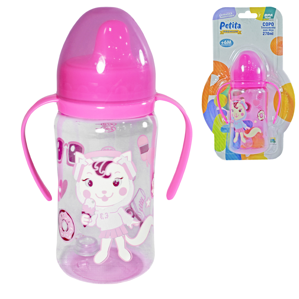 COPO BABY TREINAMENTO COM VALVULA REDUTORA + TAMPA + BICO E ALCA PLASTICO PREMIUM COLOR ROSA 270ML  