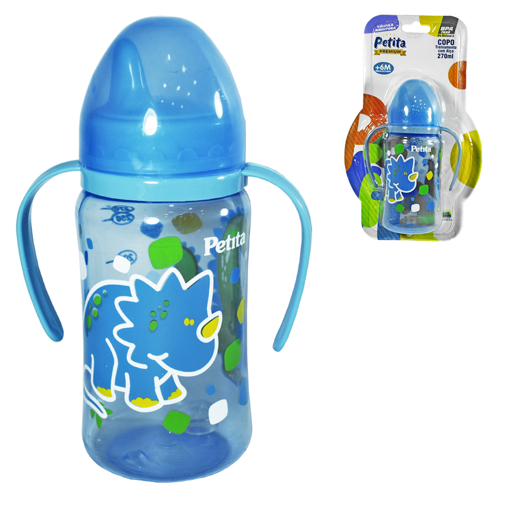 COPO BABY TREINAMENTO COM VALVULA REDUTORA + TAMPA+ BICO E ALCA PLASTICO PREMIUM COLOR AZUL 270ML 