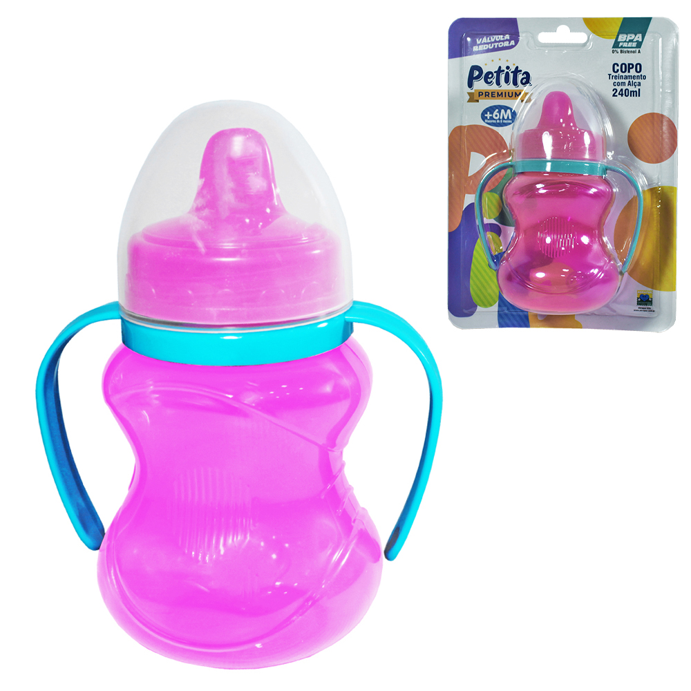 COPO BABY TREINAMENTO COM VALVULA REDUTORA + TAMPA + BICO E ALCA PLASTICO PREMIUM RELEVO ROSA 240ML 