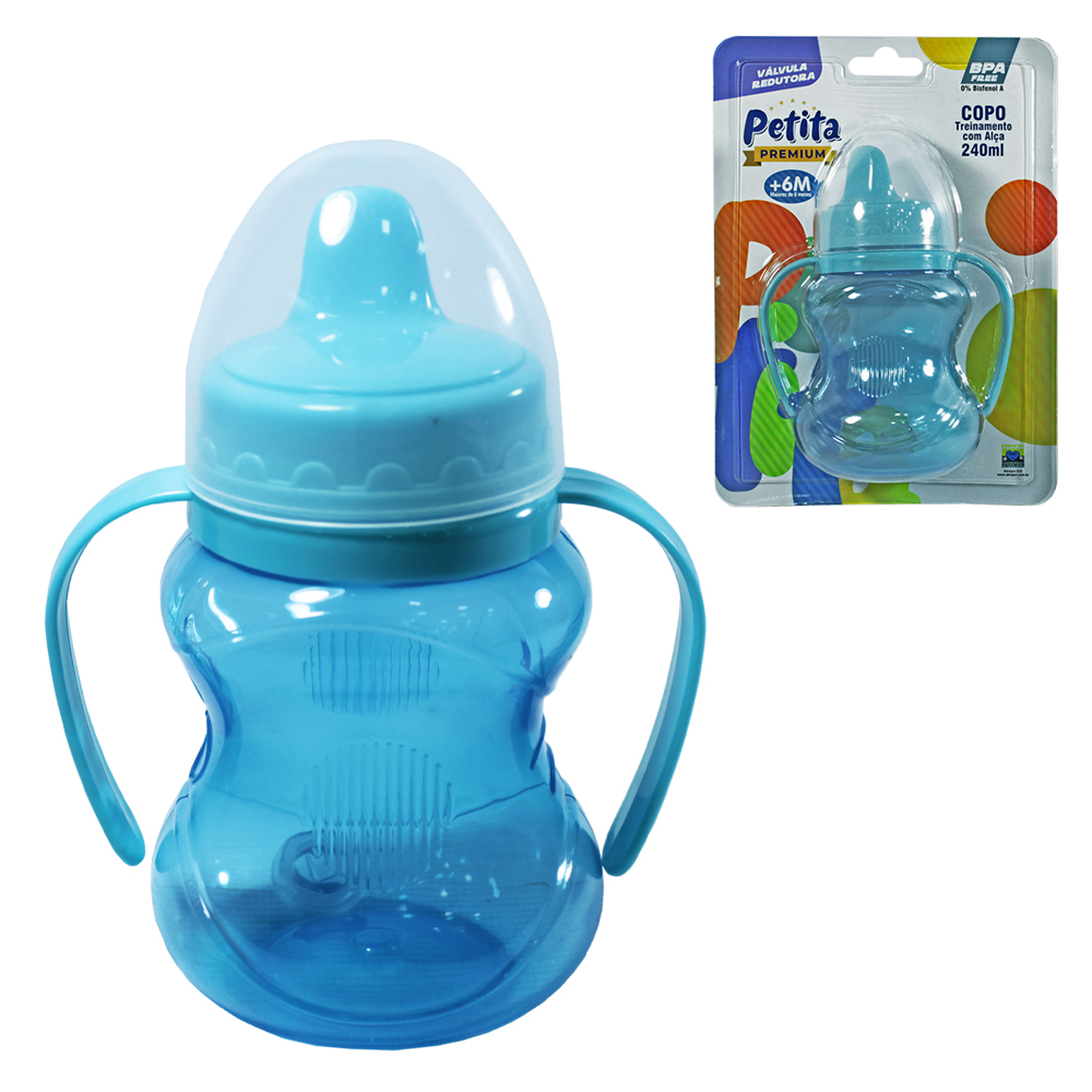 COPO BABY TREINAMENTO COM VALVULA REDUTORA + TAMPA + BICO E ALCA PLASTICO PREMIUM RELEVO AZUL 240ML 