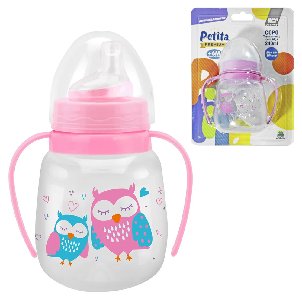 COPO BABY TREINAMENTO ANTIVAZAMENTO COM TAMPA BICO SILICONE E ALCA PLASTICO PREMIUM CRISTAL ROSA 240ML  