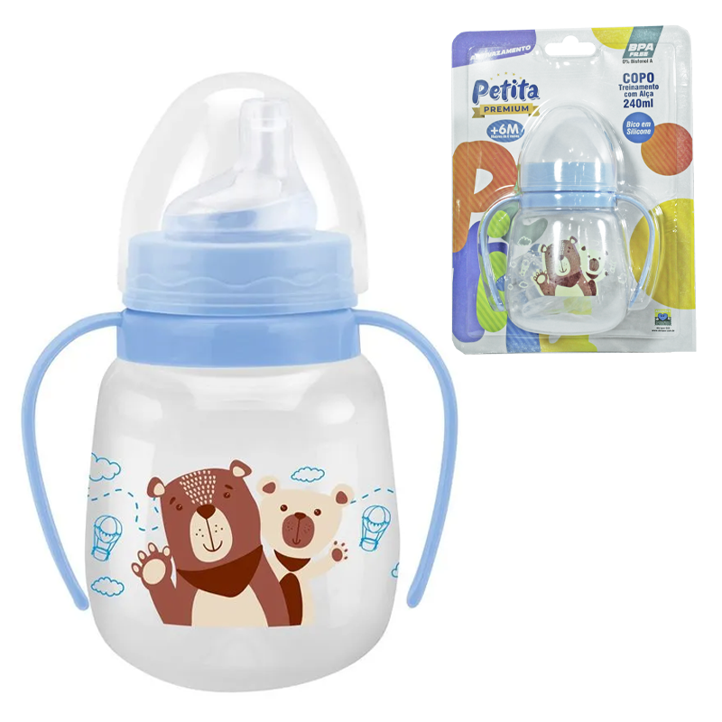 COPO BABY TREINAMENTO ANTIVAZAMENTO COM TAMPA BICO SILICONE E ALCA PLASTICA PREMIUM CRISTAL AZUL 240ML  