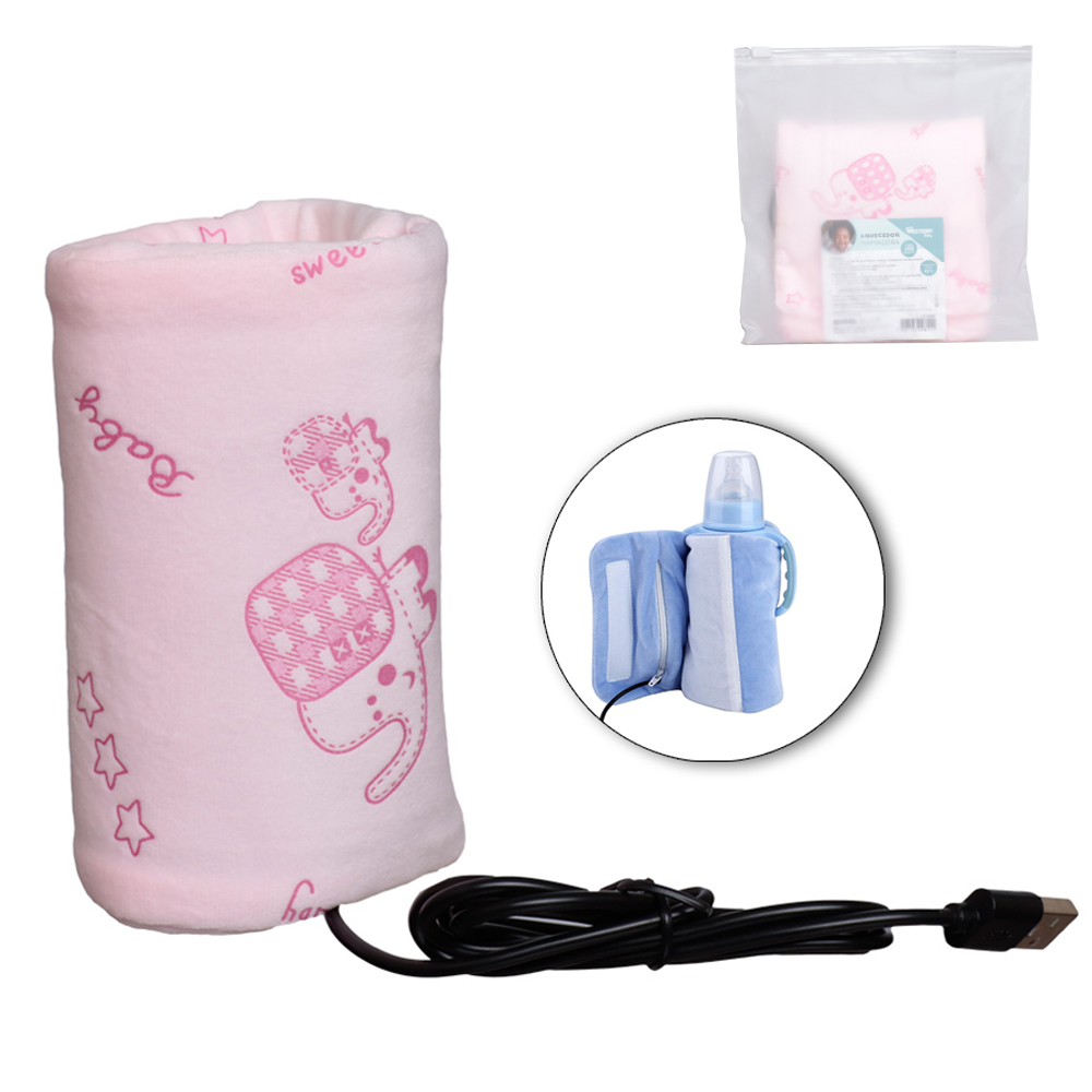 AQUECEDOR MAMADEIRA ROSA COM ZIPER + VELCRO CABO USB 28X14,5CM