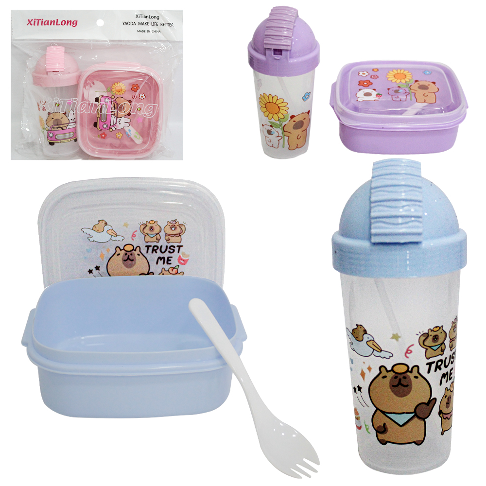 KIT ALIMENTACAO / PAPINHA VIAGEM MARMITA DE PLASTICO COM TAMPA + COLHER GARFO E GARRAFA SQUEEZE CAPIVARA 300ML